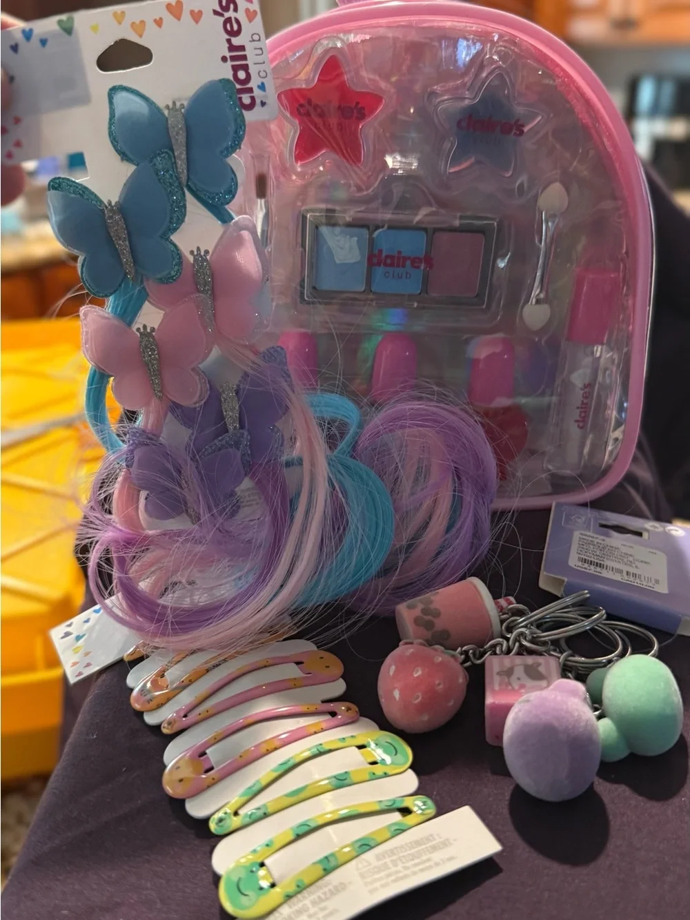 Claire's Pink and Purple Kids Hair, Barrette’s, Key Chain & Makeup Play Set.